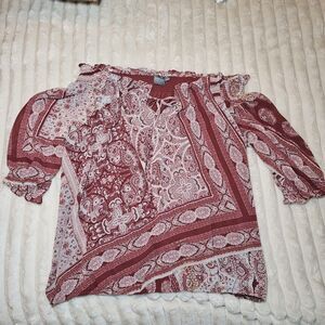 Soho NY&Co Red Cream Paisley Off-the-shoulder Tunic 3/4 Sleeve XL